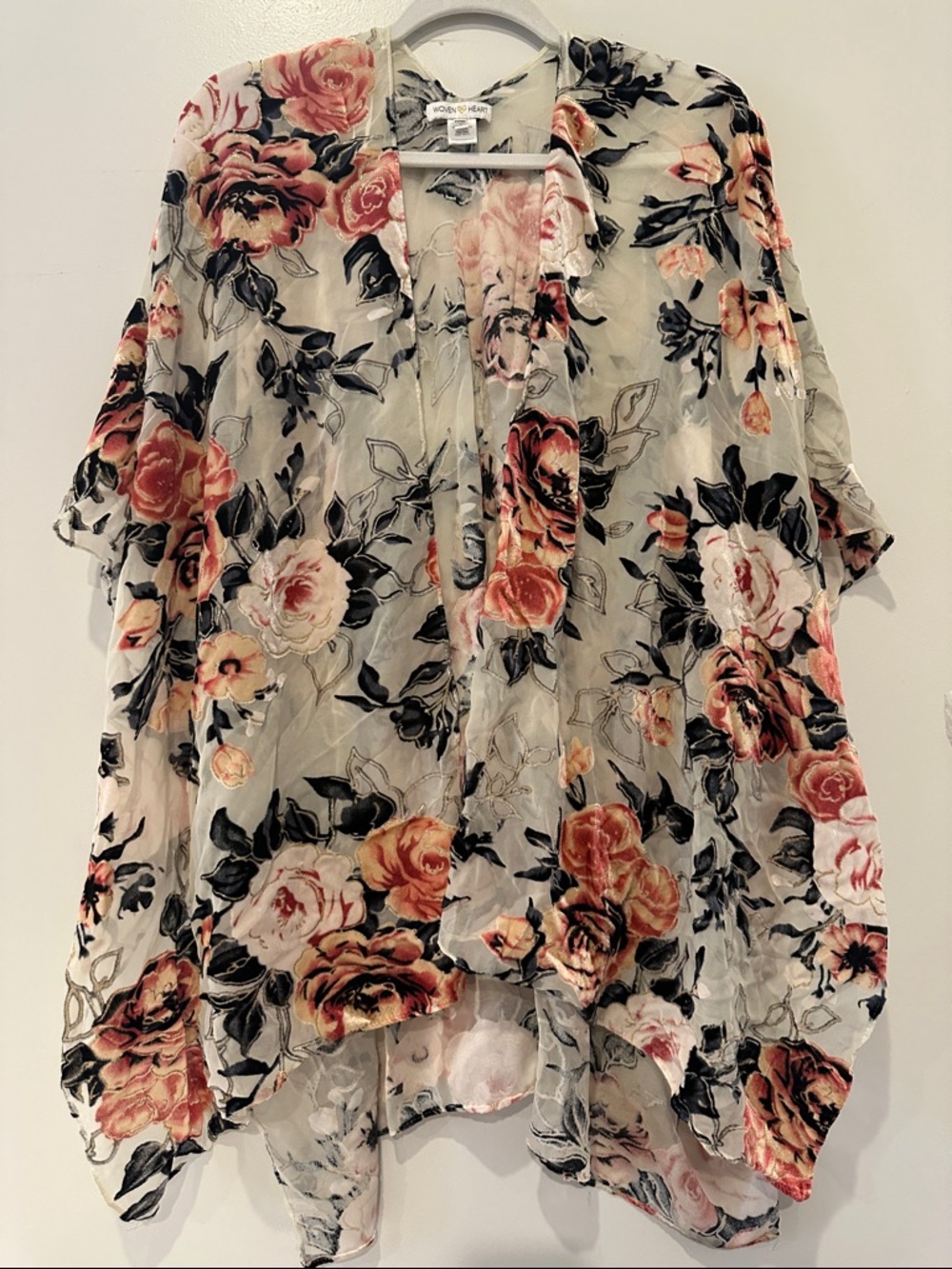 Woven Heart Sheer Floral Kimono in Cream, Dusty Rose & Black